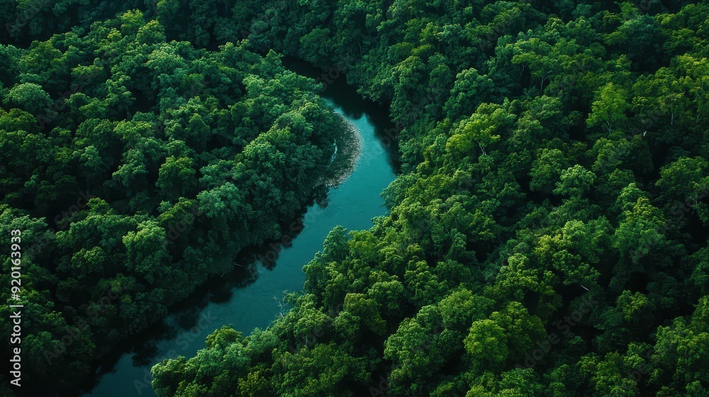 Aerial View of a Serpentine River Winding Through Lush Green Forest Canopy. Aerial View of a Serpentine River Winding Through Lush Green Forest Canopy.