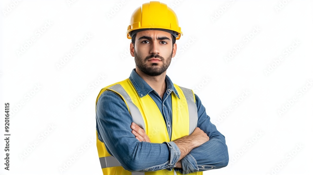 Unsure young male engineer wearing safety helmet and uniform looking at camera keeping arms crossed isolated on white background - Unsure young male engineer wearing safety helmet and uniform looking at camera keeping arms crossed isolated on white background -