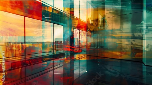 Wallpaper Mural Abstract Cityscape with Glass Walls and Red, Blue, and Yellow Hues Torontodigital.ca