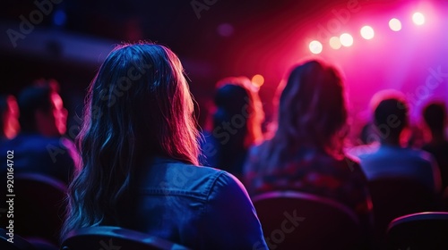 Woman With Long Hair Sitting in a Dark Room Lit by Neon Lights.