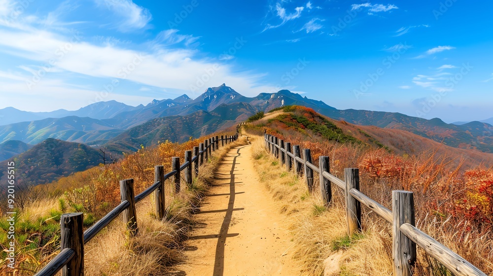 A scenic mountain trail leads through vibrant autumn foliage under a clear blue sky, inviting adventure and exploration.