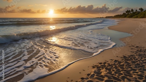 Shore Design. Sandy shore with golden sands and gentle waves. Serene Style photo