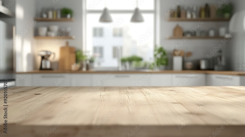Wooden Tabletop with Blurred Kitchen Background Wooden Tabletop with Blurred Kitchen Background