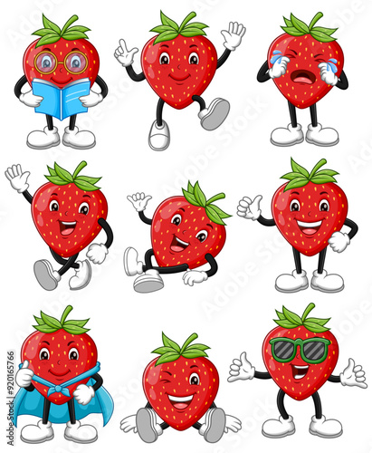 Set of Nine strawberry characters with varying expressions and activities. suitable for childrens books, educational materials, and food related designs. Vector Illustration