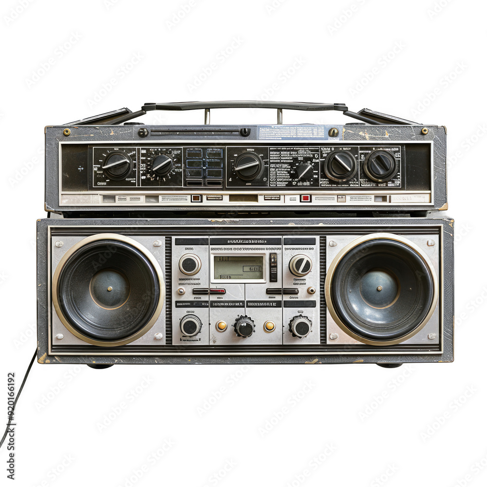 An old fashioned radio with a small speaker on top of it An old fashioned radio with a small speaker on top of it