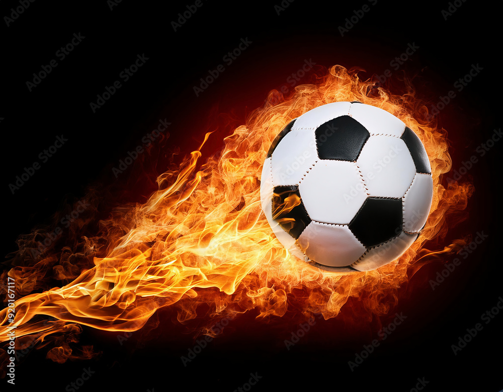 Fototapeta premium Soccer ball flying in fire isolated on black background with copy space.