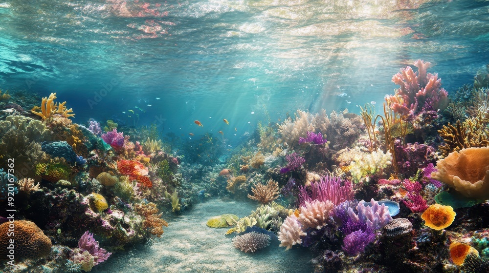 Obraz premium Vibrant Underwater Coral Reef Scene with Sunbeams and Tropical Fish.