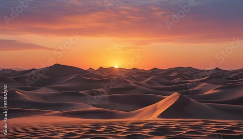 The sunset scene in the Tengger Desert in Inner Mongolia, with undulating sand dunes and gradual changes in the sky.