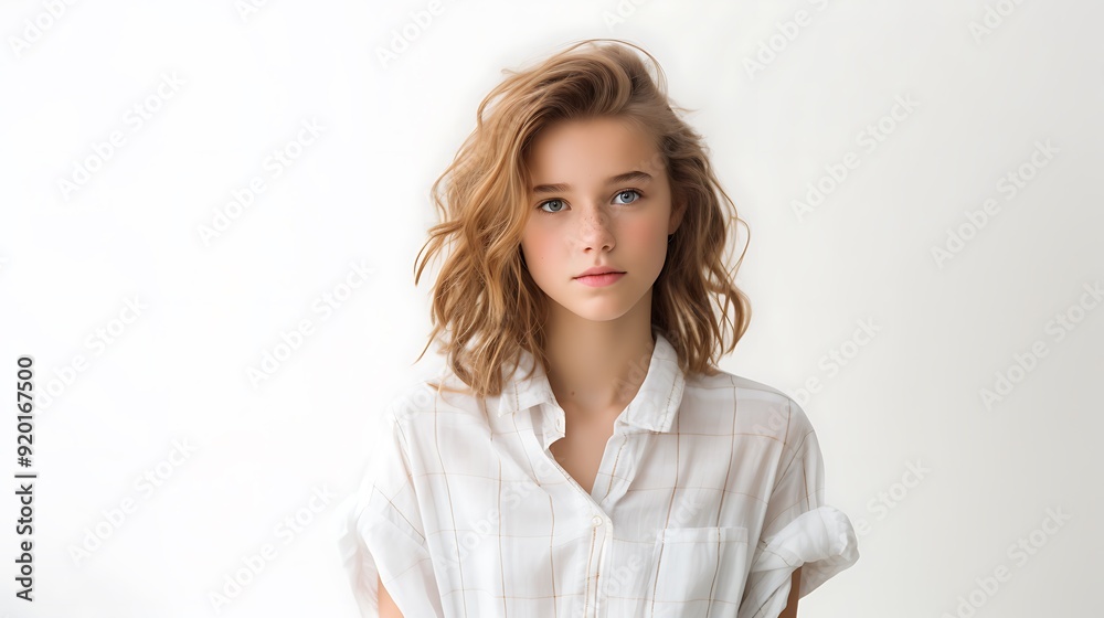 Portrait of young girl in casual shirt, looking into empty space, isolated on white background Portrait of young girl in casual shirt, looking into empty space, isolated on white background