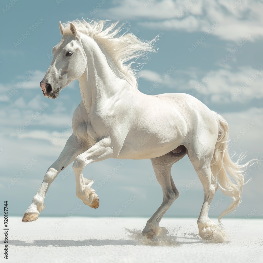Obraz premium Magnificent White Horse Prancing on Coastal Beach Against Serene Sky Background