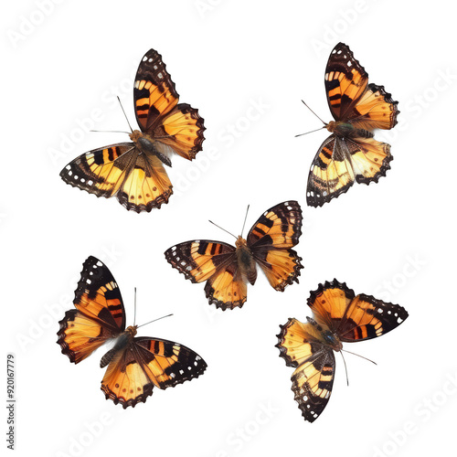 Five butterflies with orange and black wings fly in the air