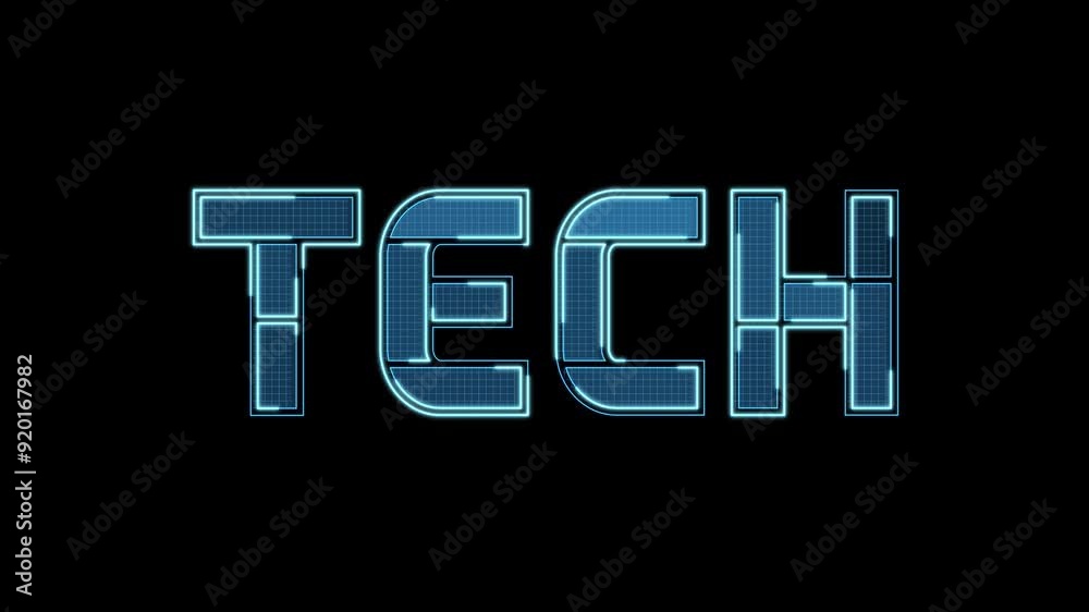 Tech text, neon blue lights, futuristic tech lettering, word on black background, continuous seamless loop from 1 to 7 second mark Tech text, neon blue lights, futuristic tech lettering, word on black background, continuous seamless loop from 1 to 7 second mark