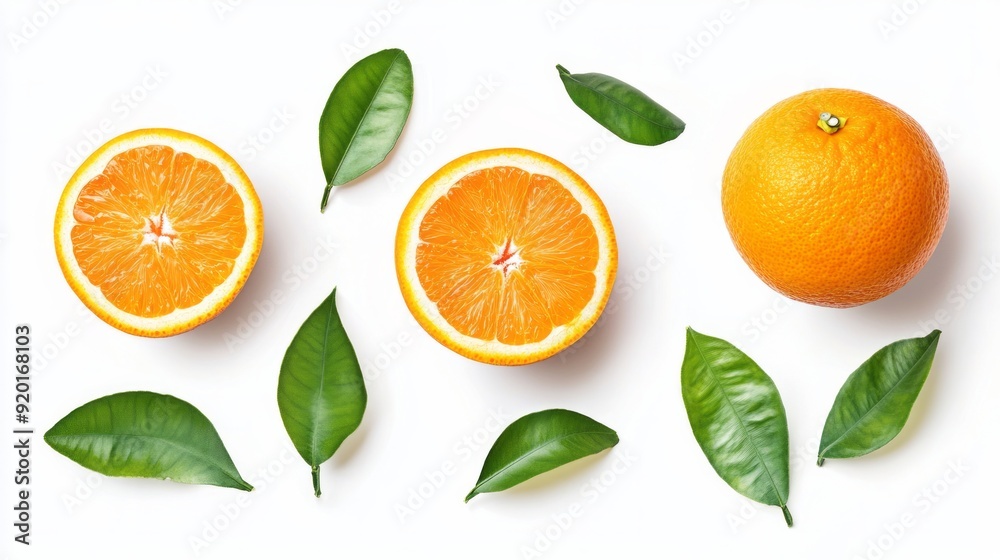 Whole, cross section and quarter of fresh organic navel orange with leaves in perfect shape on white isolated background, clipping path. Orange have vitamin c Whole, cross section and quarter of fresh organic navel orange with leaves in perfect shape on white isolated background, clipping path. Orange have vitamin c