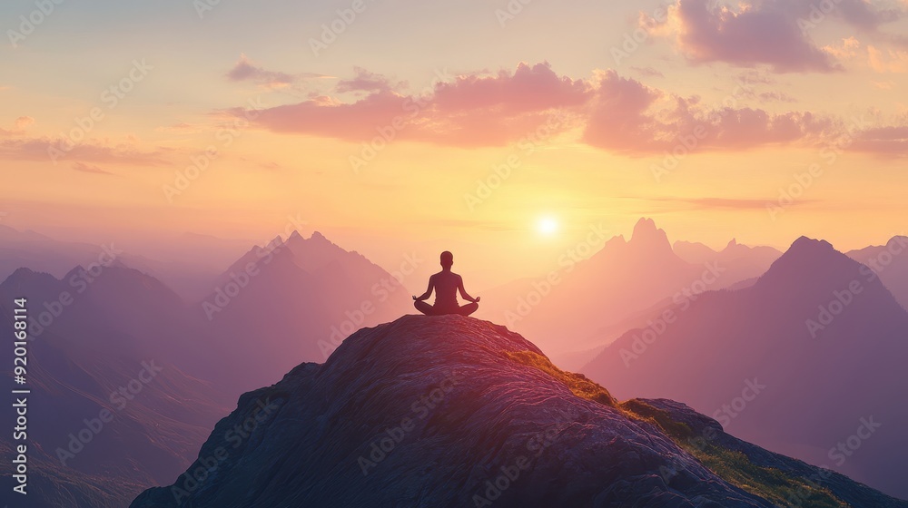 Silhouette of a Person Meditating on a Mountaintop at Sunset with a Stunning View Silhouette of a Person Meditating on a Mountaintop at Sunset with a Stunning View