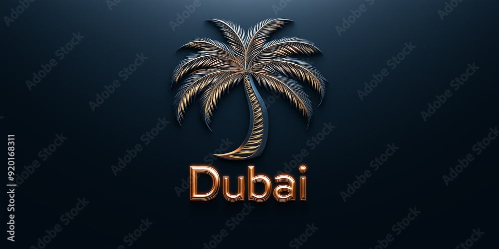 Obraz premium Golden palm tree logo representing dubai on dark background
