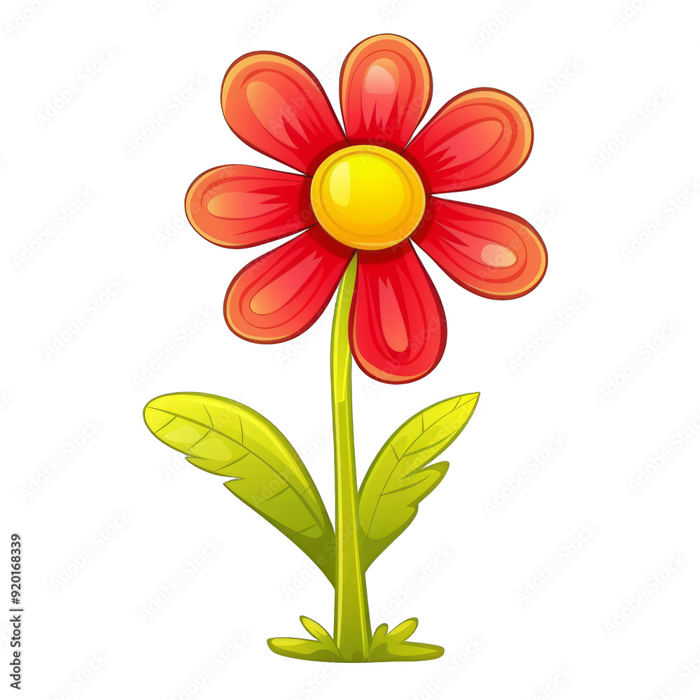 A cartoon flower with a yellow center and red petals A cartoon flower with a yellow center and red petals