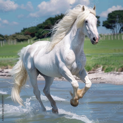 Majestic White Horse Prancing on Tropical Beach with Blue Sky