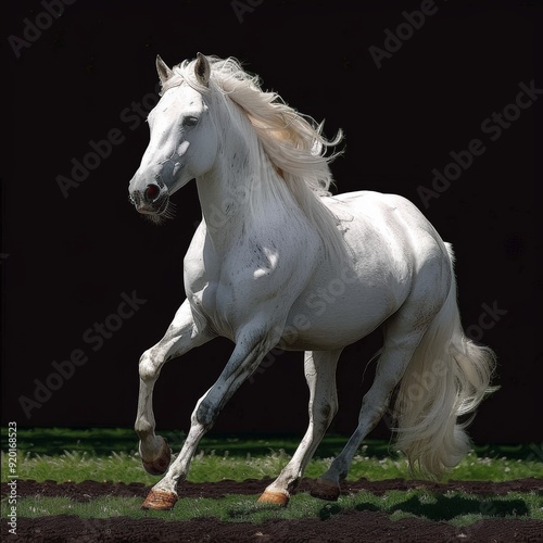 Majestic White Horse Prancing Across the Field in Powerful Motion