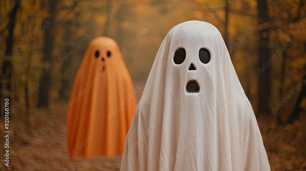 Two whimsical ghosts in a forest during autumn, creating a spooky yet playful atmosphere perfect for Halloween.