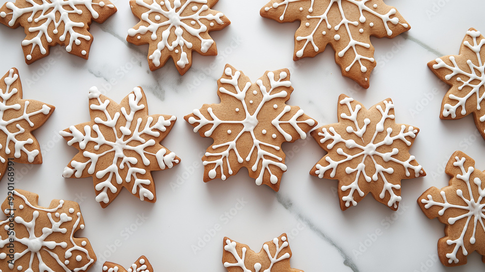 Aerial view of elegant snowflake-shaped ginger cookies with lace-like royal icing on white marble backdrop Aerial view of elegant snowflake-shaped ginger cookies with lace-like royal icing on white marble backdrop