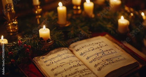 Christmas Eve Serenity: A Beautiful Sheet Music with Mistletoe and Lit Candles on a Church Table Before the Carol Service Begins