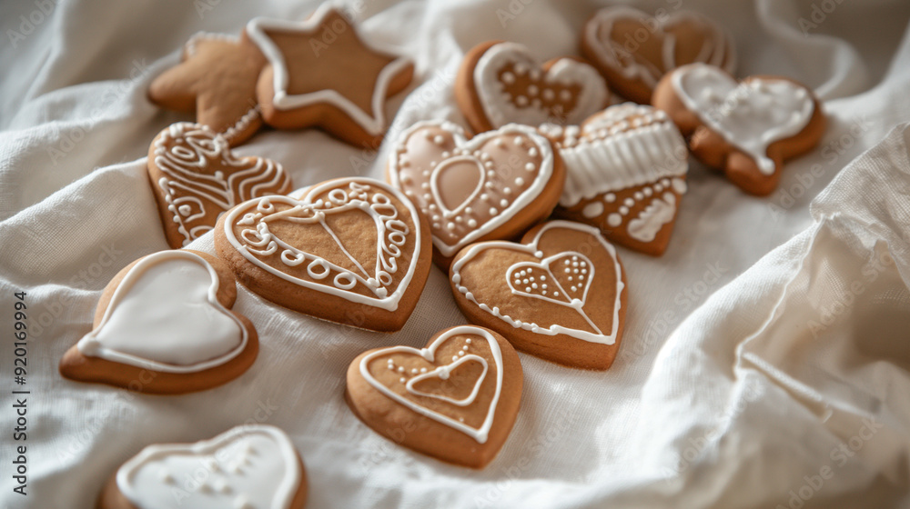 Heart-warming assortment of homestyle gingerbread cookies with varying icing patterns on white linen Heart-warming assortment of homestyle gingerbread cookies with varying icing patterns on white linen