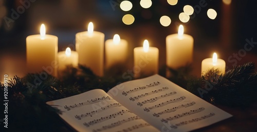 Christmas Eve Serenity: A Beautiful Sheet Music with Mistletoe and Lit Candles on a Church Table Before the Carol Service Begins