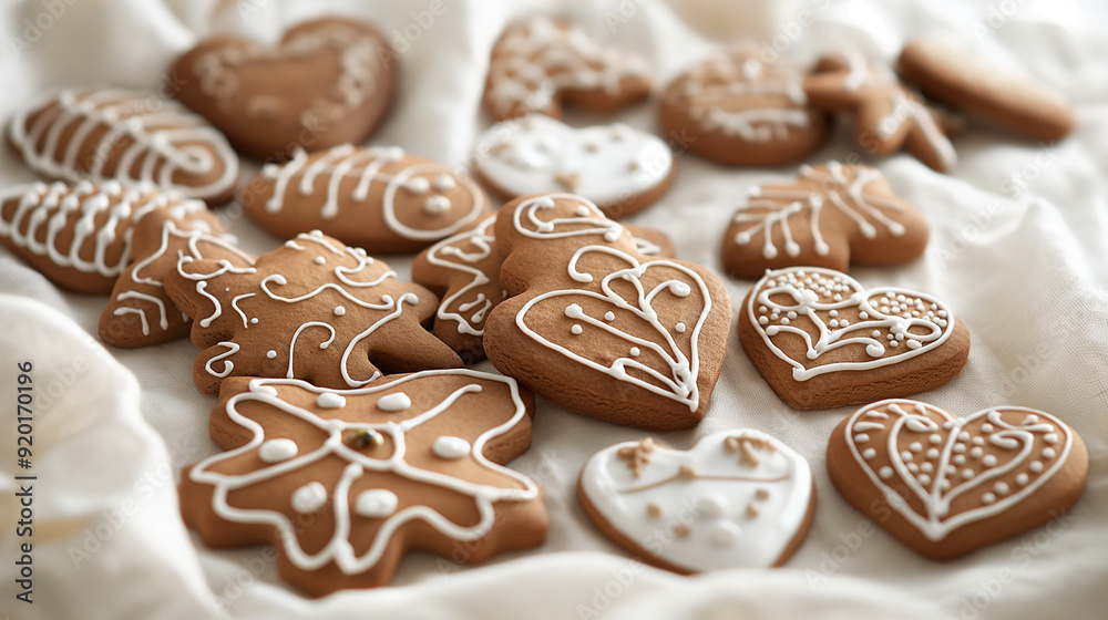 Heart-warming assortment of homestyle gingerbread cookies with varying icing patterns on white linen Heart-warming assortment of homestyle gingerbread cookies with varying icing patterns on white linen