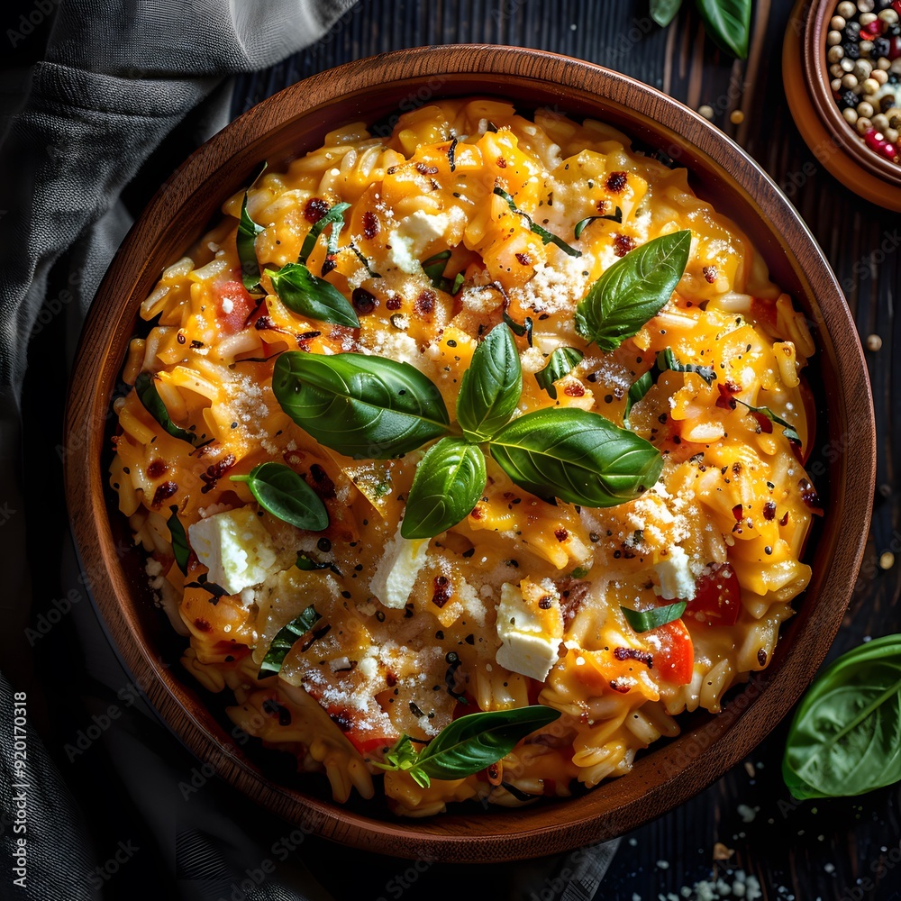 A delicious bowl of creamy pasta topped with fresh basil and cheese. A delicious bowl of creamy pasta topped with fresh basil and cheese.