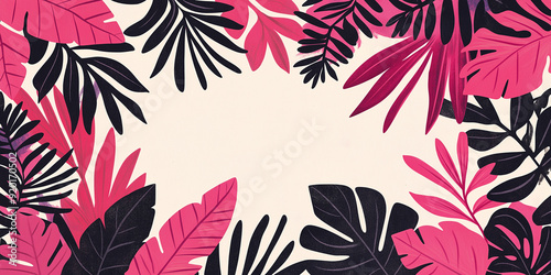 Tropical pink and black leaves bordering exotic jungle frame
