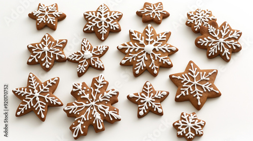 Homemade gingerbread cookies with intricate royal icing designs on white background