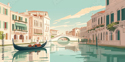 Gondolier navigating canal with picturesque bridge and buildings in venice