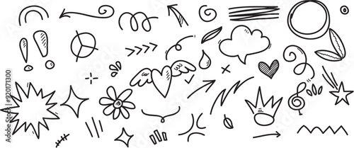 doodle set handdrawn cartoony expression sign doodle curve directional arrows emoticon effects desig