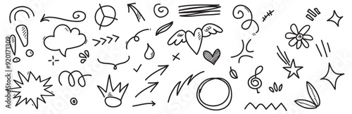  doodle set handdrawn cartoony expression sign doodle curve directional arrows emoticon effects desig 