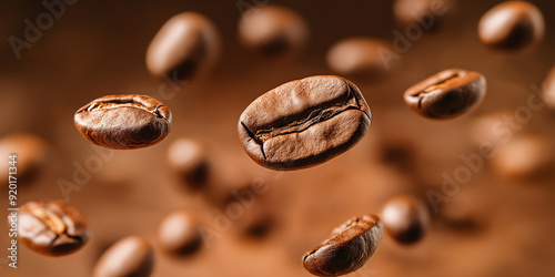 Roasted coffee beans floating in the air on a brown background