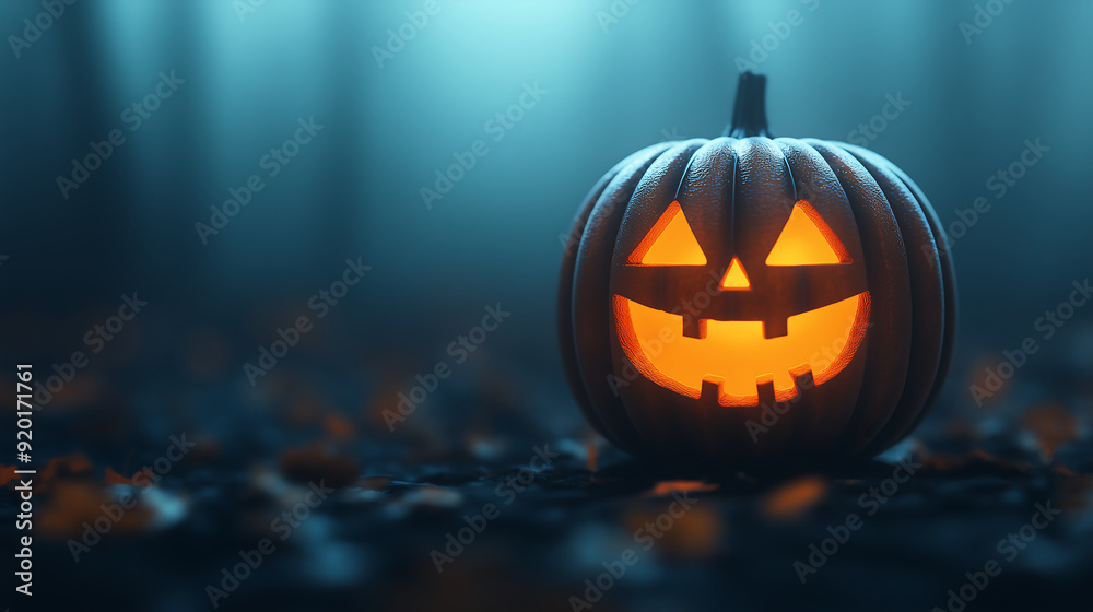A dark and eerie Halloween night is illuminated by glowing pumpkins, jack-o-lantern, casting an ominous light, copy space on the side