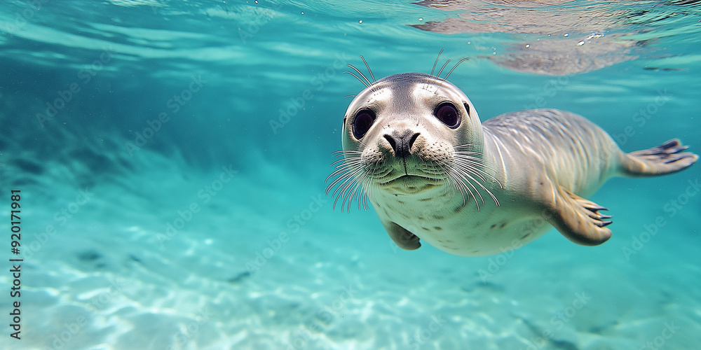 Fototapeta premium Young seal swimming underwater in turquoise water
