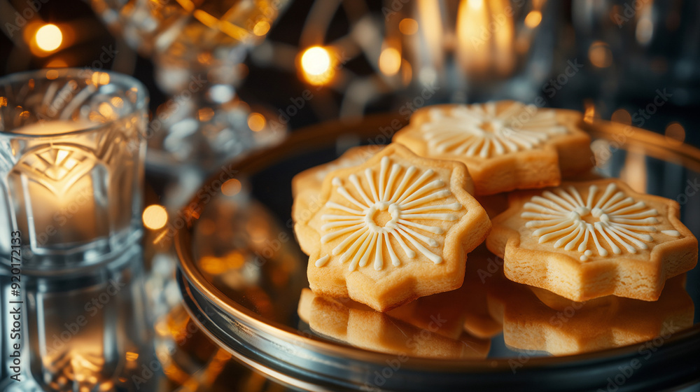 retro-inspired photograph of Art deco cookies with geometric icing, on mirrored surface, gatsby-style lighting effects retro-inspired photograph of Art deco cookies with geometric icing, on mirrored surface, gatsby-style lighting effects