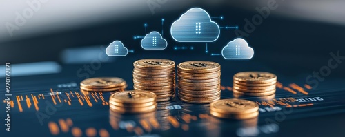 Stacks of coins beneath floating cloud icons on a digital dashboard, symbolizing cost efficiency in cloud computing and pay-per-use pricing models