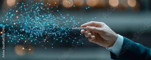 A conductor orchestrating swirling streams of digital data, vibrant abstract symphony of information and technology