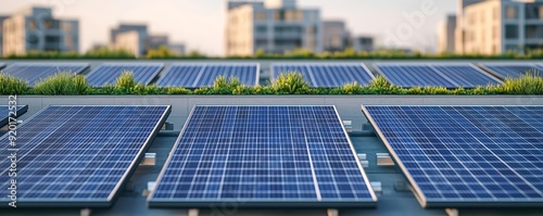 Eco-friendly urban architecture with solar panels and green terraces, showing sustainable construction in a digital blueprint photo