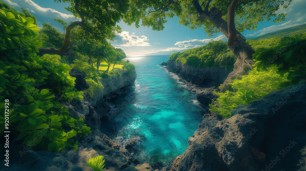 Beautiful tropical lagoon framed by lush green trees Beautiful tropical lagoon framed by lush green trees