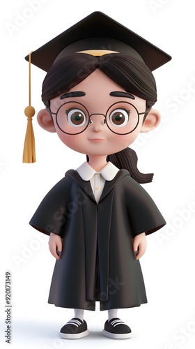 Adorable 3D character of an Asian graduate in bachelor’s robes, set against a white background. This charming design captures the joy and pride of graduation, making it an ideal addition for education
