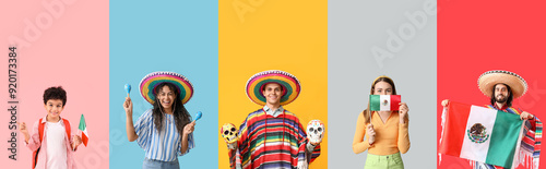 Slika na platnu Set of many Mexican people on color background