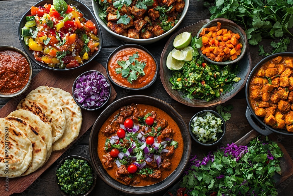 Spicy Feast. A top view of a table filled with an array of flavorful and... Spicy Feast. A top view of a table filled with an array of flavorful and...
