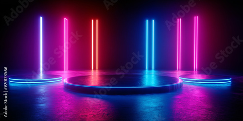 Neon stage is glowing with blue and pink lights background