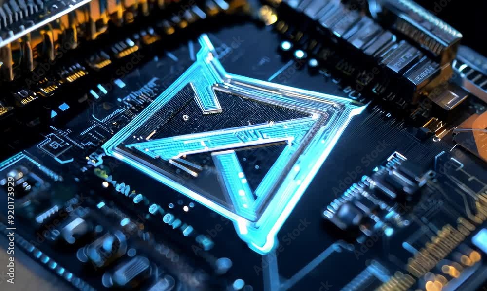 Extreme Close-up of Ethereum Circuit Board with Glowing Logos