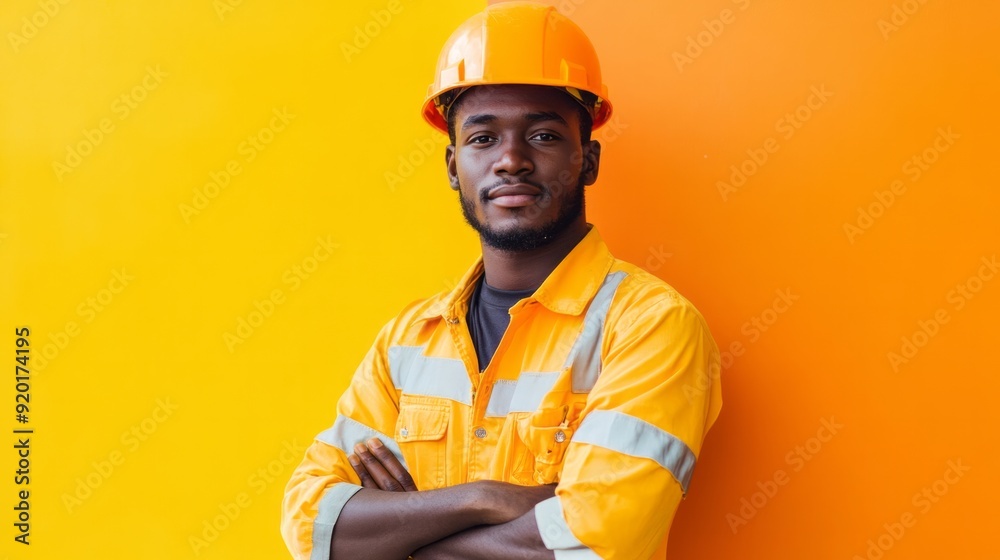 young builder man in construction uniform and safety helmet holding paint roller standing young builder man in construction uniform and safety helmet holding paint roller standing