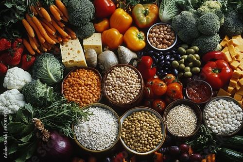 Fiber-Rich Feast. A top view of a variety of foods high in dietary fiber photo