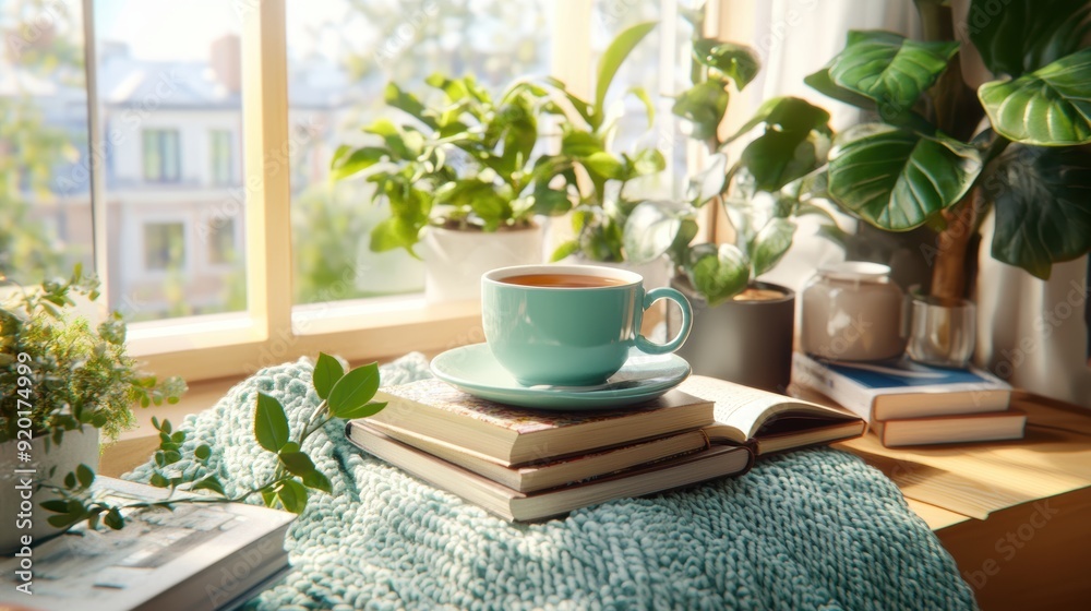 A cozy scene featuring a teal cup of tea on stacked books, surrounded by vibrant houseplants and natural light. A cozy scene featuring a teal cup of tea on stacked books, surrounded by vibrant houseplants and natural light.